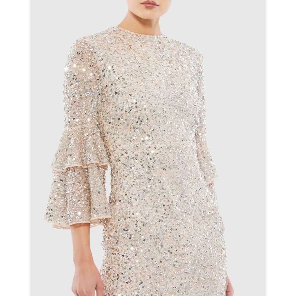 Mac‎ Duggal 10802 Nude Sequin Tiered Bell Sleeve Midi Dress Sheath Jewel Neck 2